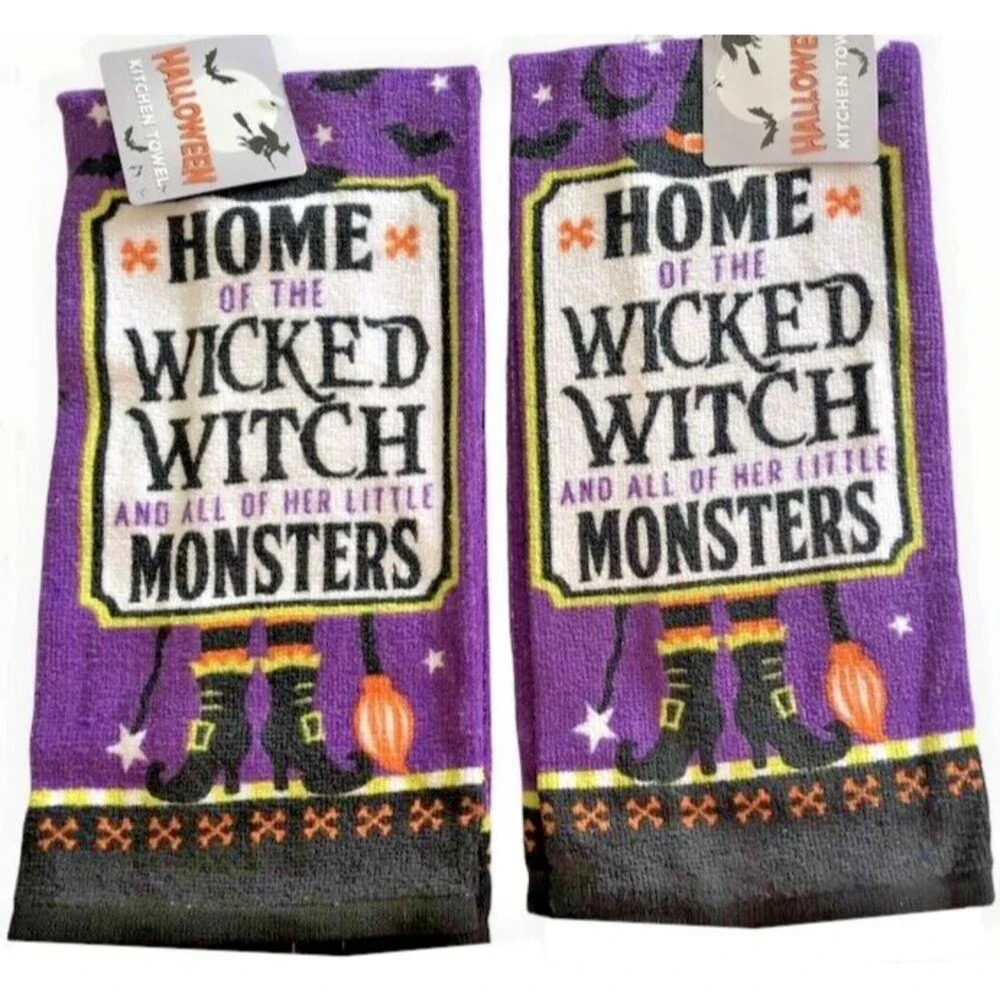 Halloween Trick Treat Kitchen Dish Towels Home of Wicked Witch Monster Set of 2